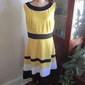 New York & Company Yellow Colorblock Fit & Flare Midi Dress Size L Pastel Retro